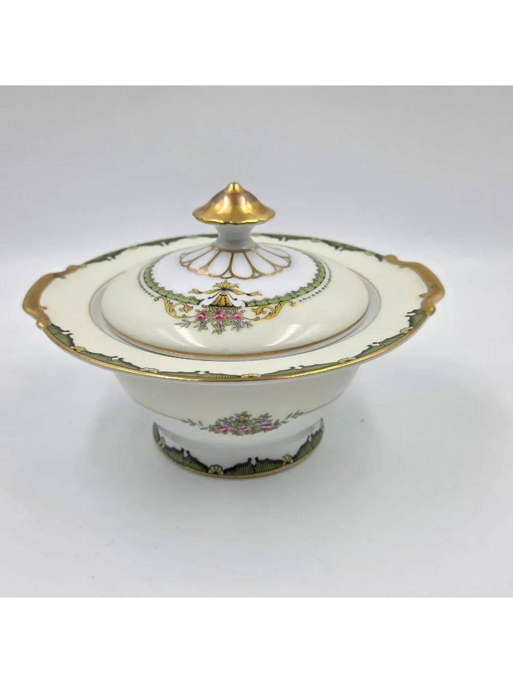 Noritake Penelope Sugar Bowl and Lid Green Border Pink Roses Urn Gold Trim